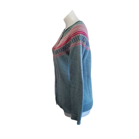 Tabitha Webb Womens Lambswool Fair Isle Crew Neck Cardigan Sweater Med Gray Pink - Picture 5 of 7